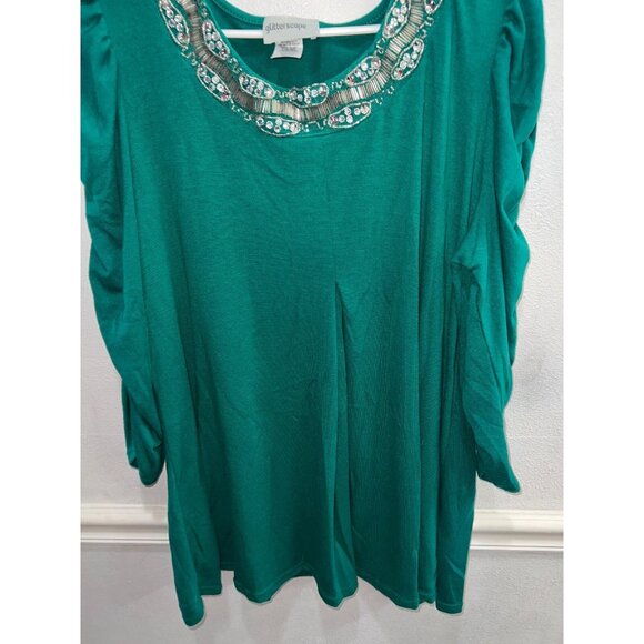 Glitterscape womans top plus size 2X green round sequin neckline ruched pullover - Picture 3 of 8